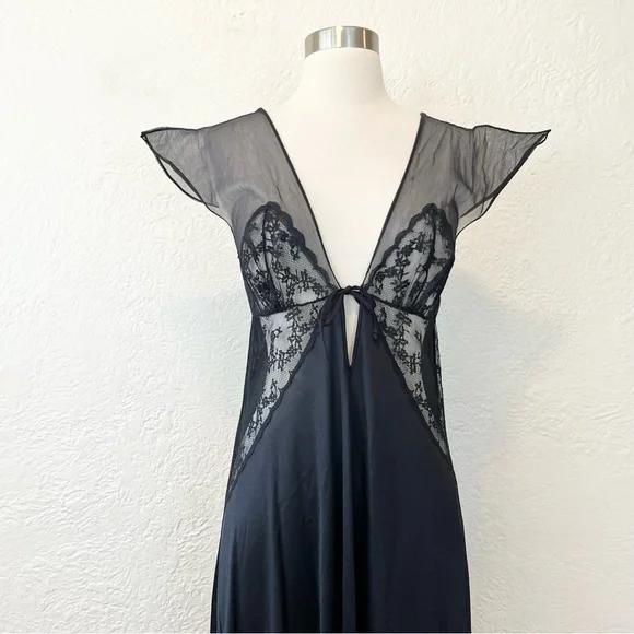 Vintage Sheer Black Mesh Satin Lingerie Nightgown Maxi Dress Goth Whimsigoth S/M - Picture 2 of 13